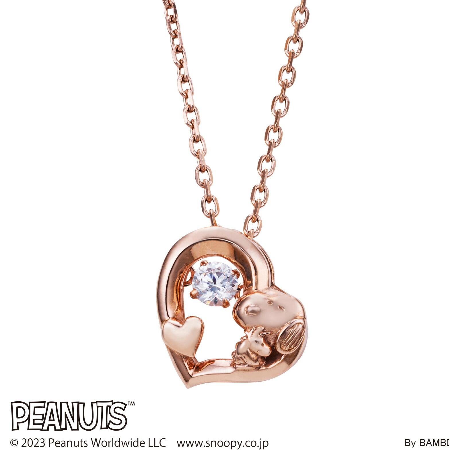 スヌーピー レディースネックレス PEANUTS シルバー925 サージカルステンレス316L キュービックジルコニア ダンシングストーン 揺れる石 ウッドストック ハート ペンダント ピンク PNSS002PG white clover ホワイトクローバー カップル 記念日 誕生日 プレゼント