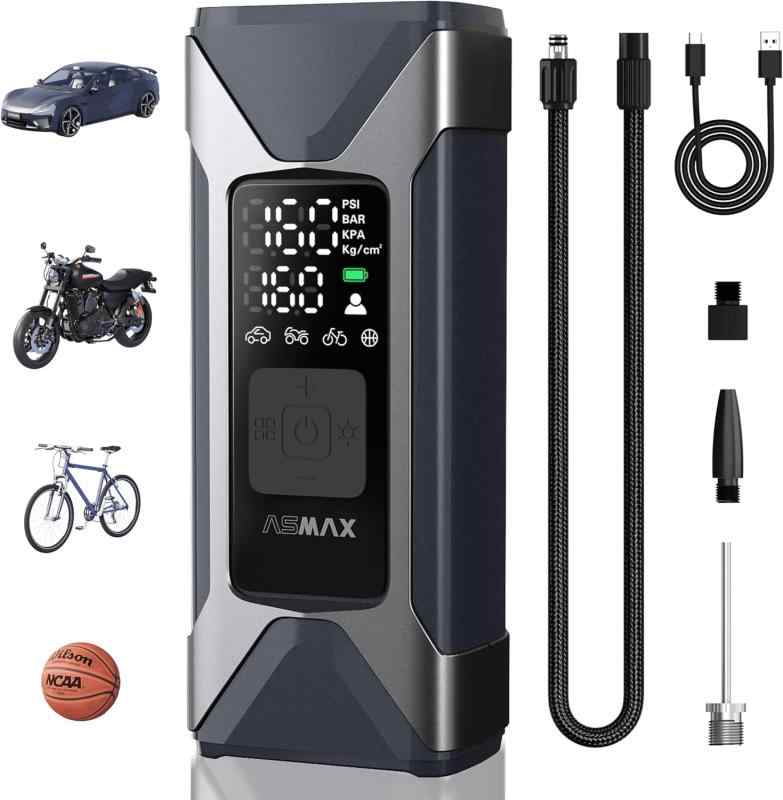 ASMAX 自転車 空気入れ 電動空気入れ バイク 車 エアーポンプ 2500mAh×3 大容量バッテリー 最大圧力160PSI タイヤ空気圧検知 50cmクイックリリースエアホース 自動停止 米式/仏式/英式 浮き輪バル