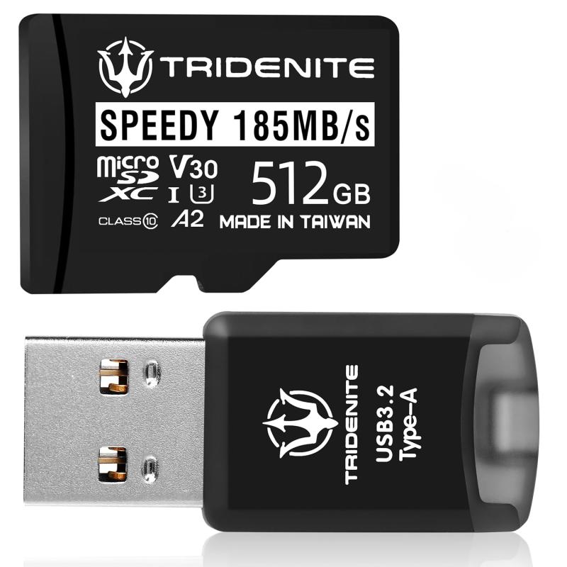 TRIDENITE 185MB/s SPEEDY MicroSD 512GB + DDR200 カードリーダー, USB 3.2 Type-A MicroSD用 小型OTG 外付メモリカードリーダー アダプタ TCRS-M32A512
