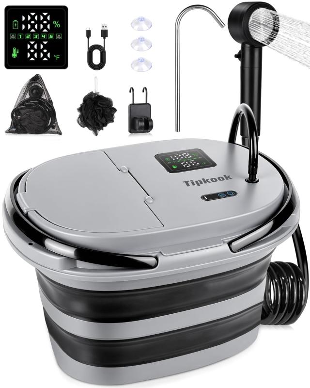携帯型シャワー【13000mAh-一体型】Tipkook 電動シャワー 20L折り畳み式井戸釣瓶型アウトドアシャワーポンプ USB申し受ける式 5度合いの素早さ合わせる デ ジタル画面 流水量無度合い調節する 納める袋付き添い人 アウ