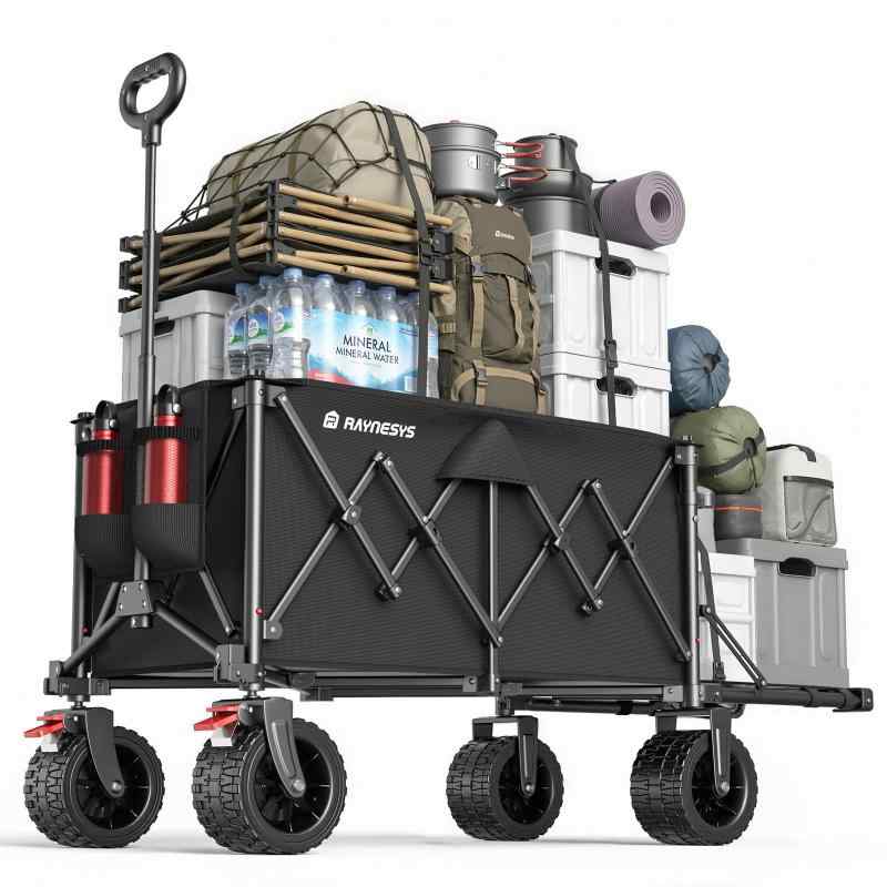 持ちはこび手押し車 Raynesys アウトドア手押し車 大電気容量150L~220L 耐荷重200kg うしろ側取りひろげる可 長物相応う 折り畳み式キャンプカート 独立独歩納める 静音難民キャンプ/ビーチ/御釣り/引っ越し/買い出し/ゴミ出し Black