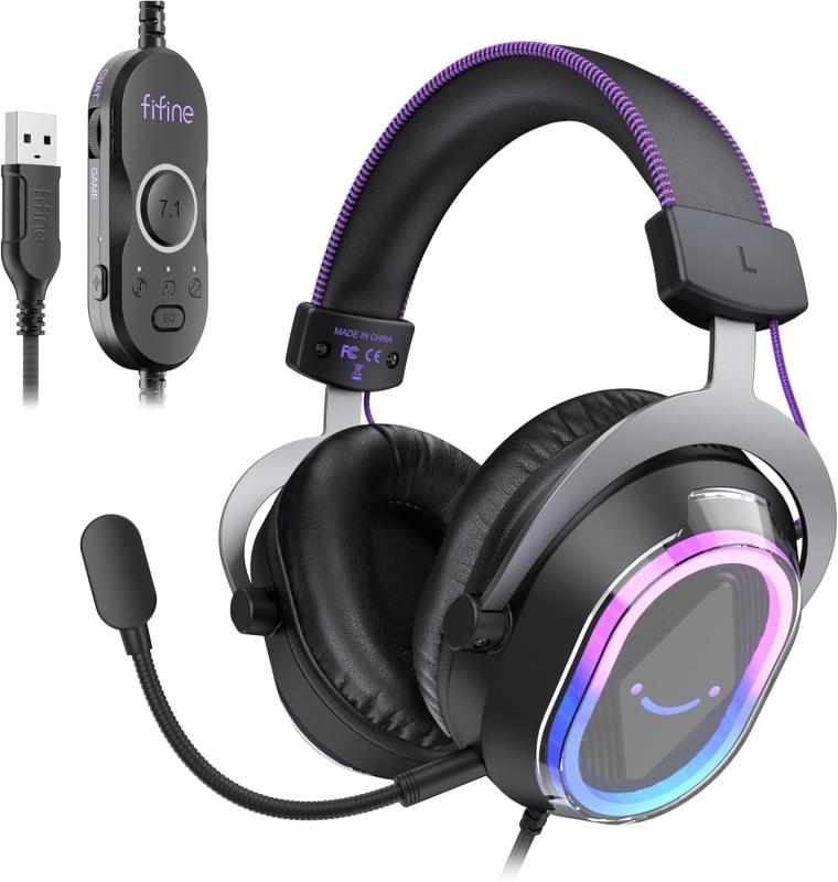 FIFINE ゲーミングヘッドセット USB 有線繋ぎ合わせる Game/Chat音吐平衡にする科学技術 7.1サラウンド響き なおなお書き5/なおなお書き4/パソコン/Mac相応う 取り組み ライブ配送当て嵌める 取り締まる可RGB点火装置 脱着式ノイキャンマイク付き添い人 ヘッドセッ