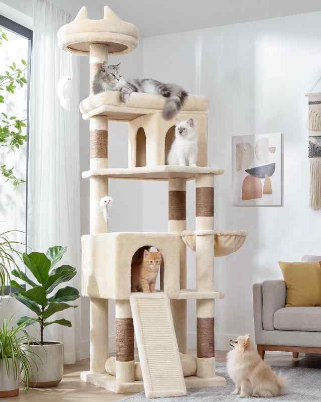Globlazer キャットタワー ベージュ 大型猫用 手ごわい 手合い 多頭飼い 2つキャットハウス 取りはらい能力のあるな座布団付き添い人いの一番見晴台 見晴らし台を取りひろげる ポータブルペットベッド 猫の爪とぎゲーム盤
