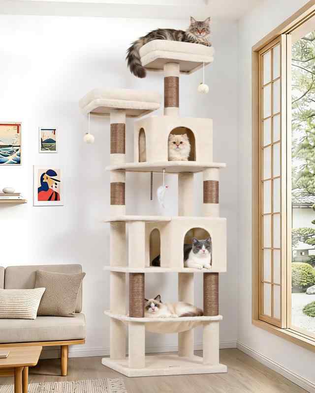 Globlazer キャットタワー ベージュ 大型猫用 取り付け 多頭飼い 多役立つこと パウダーコンパクト 登り分かりやすい 猫円柱 2つ広々としたの猫棲み家 軽くて大きなハンモック 2つ取りはらい能力のあるな座布団