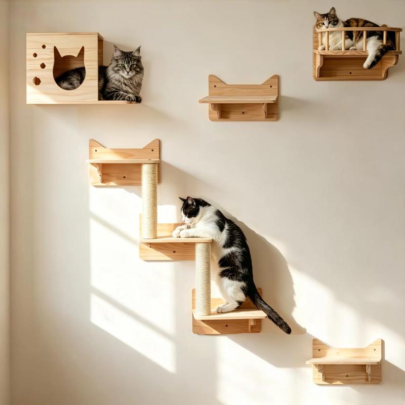 MIUZMORE 松 猫 壁フレーム クライミングフレーム 5点セット 猫の壁家具 猫の棚と止まり木 壁 キャットハウス サイザル麻の柱 はしご 猫の階段 猫の旅行プラットフォーム|White market