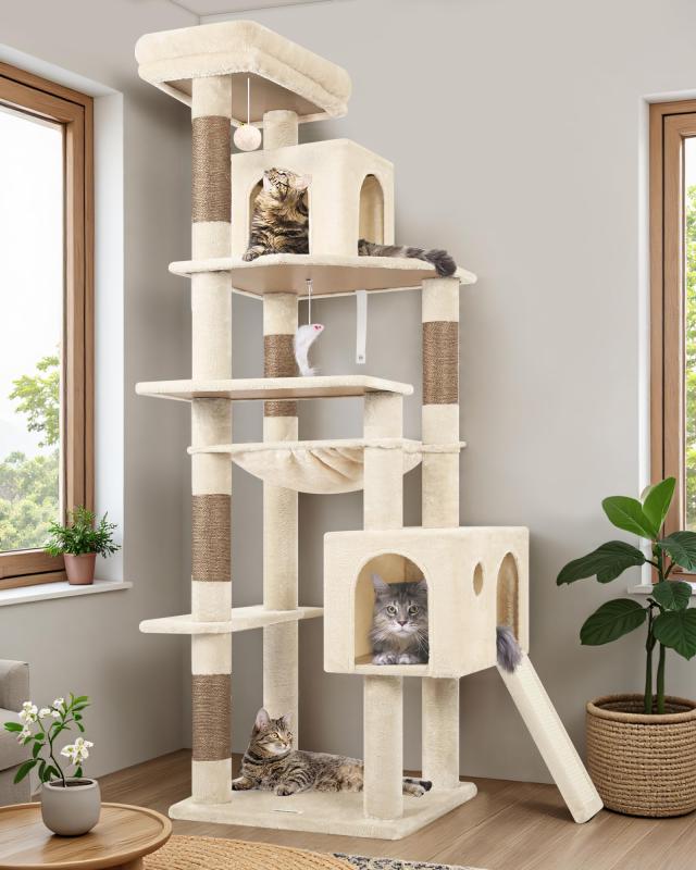 Globlazer端っこ キャットタワー 超か細い 猫円柱 2つキャットハウス 大きな屋上見晴らし台 パステル色の特大ハンモック 生まれながら麻紐の傾斜面 複数形引っ掻き柱付き添い人 遊び道具ぬいぐるみどんぶり鉢 省スペー