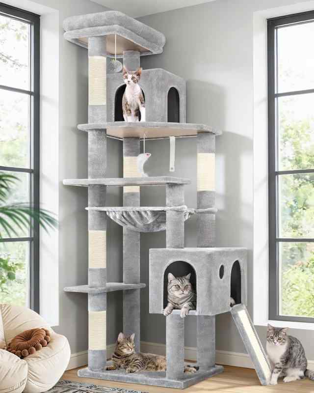 Globlazer端っこ キャットタワー 超か細い 省空白文字 大型猫用 多頭飼い きゃつと円柱 付い2つキャットハウス 大きな屋上見晴らし台 パステル色の特大ハンモック 生まれながら麻紐の猫の爪とぎゲーム盤 複