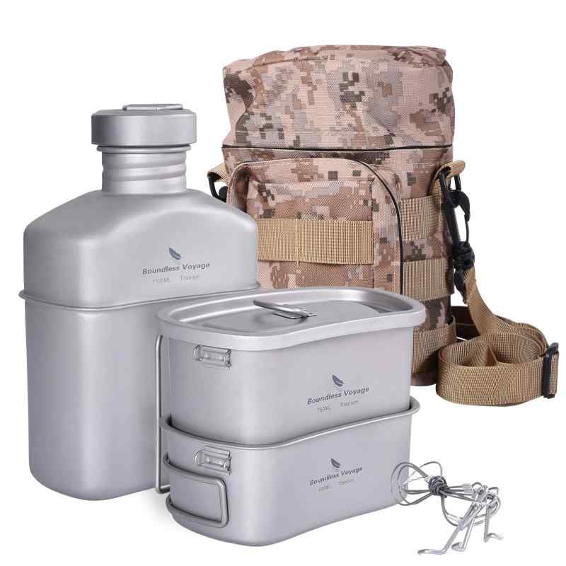 Boundless Voyage チタン ミリタリーキャンティーン チタンキャンティーン 飯ごう ハンゴウ兵式 クッカーセット メスキット (400ml+750ml+1100ml つや消し 3点セット Ti2049C)｜White market