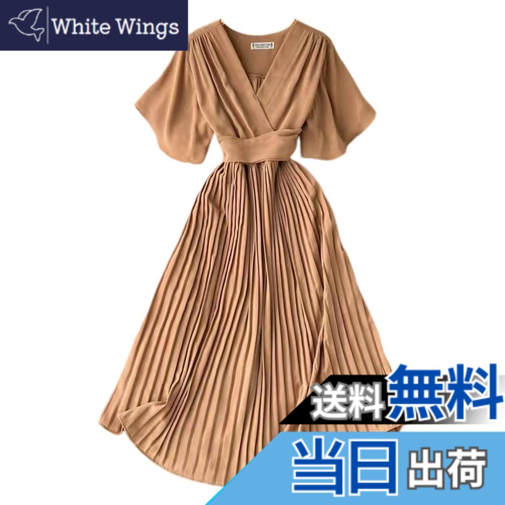 【送料無料】[Collecala] 夏ワンピース レディース大人ロングシャツワンピース プリーツスカート ミモレロングonepiece フレア半袖ドレス 韓国風ウエストリボンつきdress 9色展開 色：モカ、サイズ：L