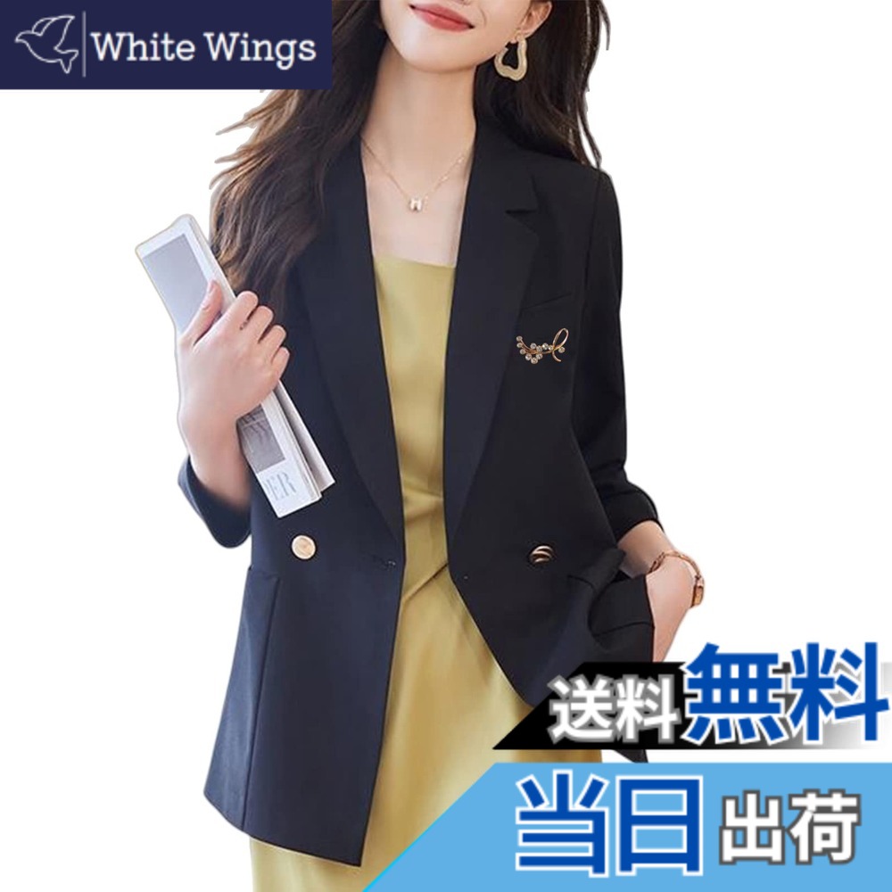 【送料無料】[AUSKY] 上質 レディース ジャケット Vネック スーツ ブローチ付き ロング 七分袖 ボタン留め ポケット ショルダーパッド 着せ 無地 シンプル 大人 通勤 フォーマル 普段着 ビジネス 面接 春 夏 秋 OL 色：ブラック、サイズ：XL