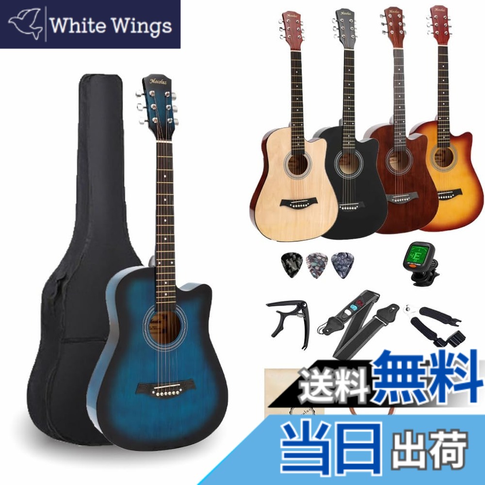 【送料無料】アコースティックギター セット 初心者 アコギ バスウッド&テックウッド材 練習用 弦楽器 フォークギター スチール弦 色：ブルー