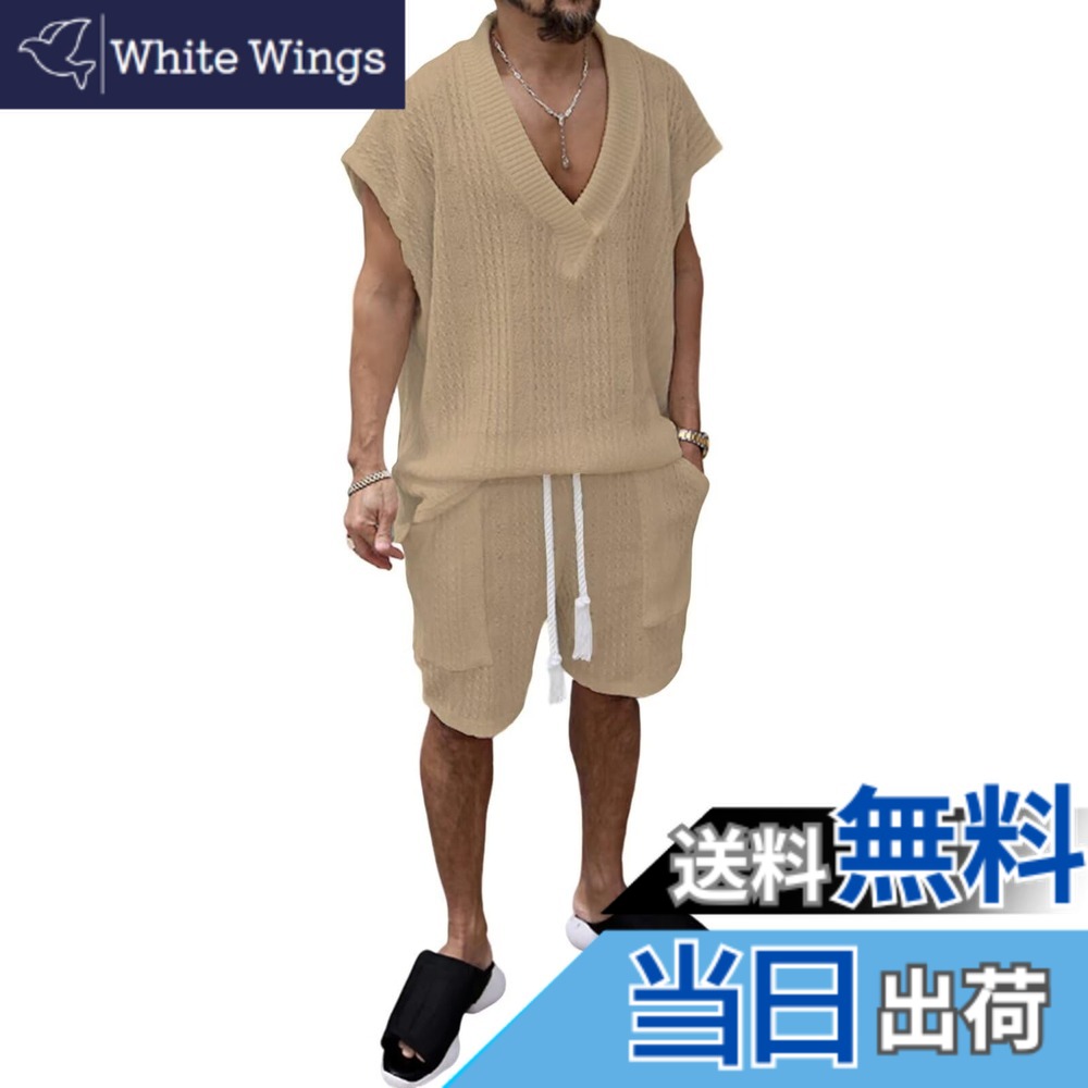 【送料無料】[Anmurye] ジャージ上下セット メンズ 夏服 タンクトップ Tシャツカットソー+ショートパンツ カジュアル Vネック ビッグサイズ 快適 ウエスト 調整可能 無地 通気 上下スウェット 色：カーキ、サイズ：3XL