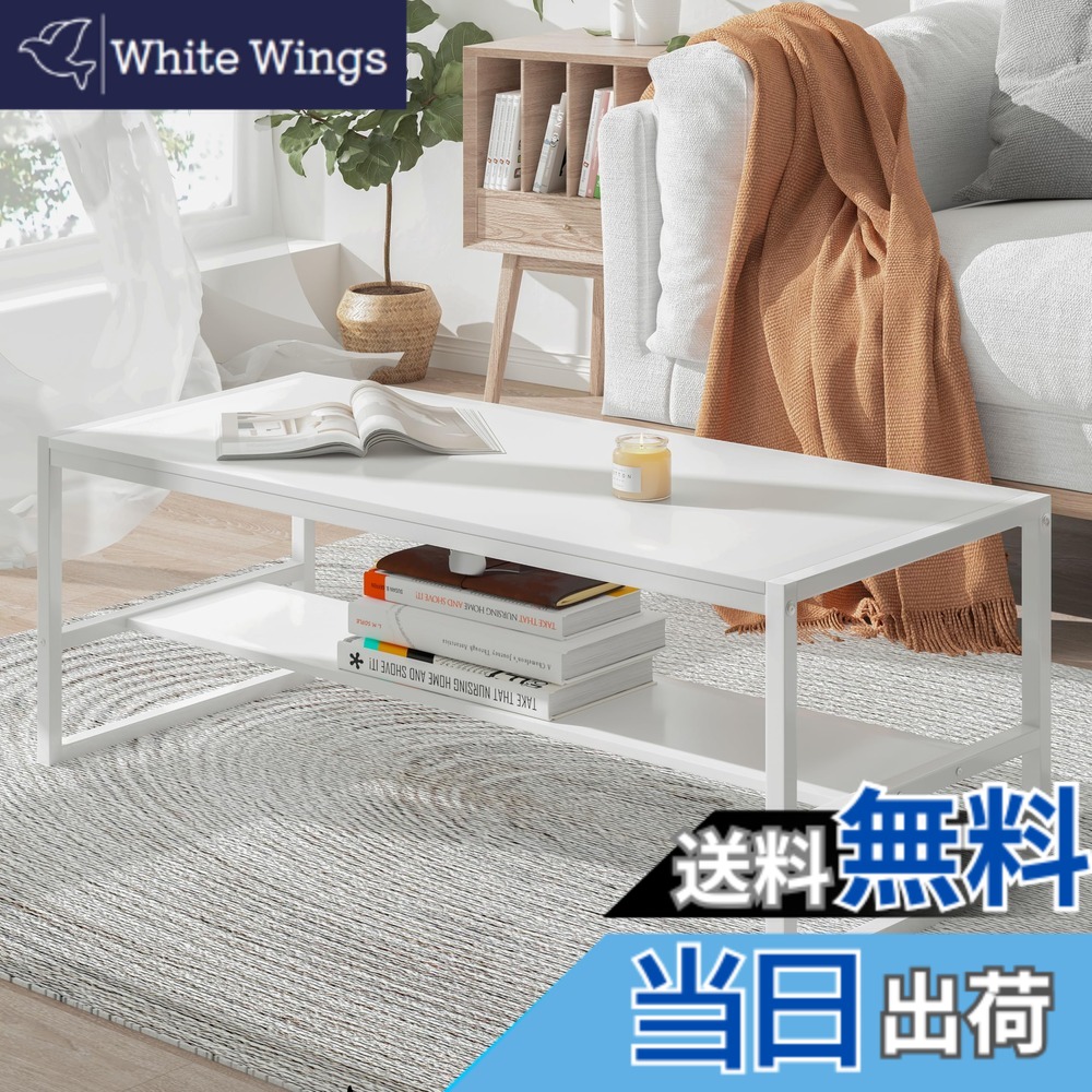 【送料無料】LunarLight ローテーブル 幅80 100奥行45*高さ38cm センターテーブル リビングテーブル コーヒーテーブル 机 座卓 コンパクトデザイン 収納棚板の高さ可動式 床傷防止用のアジャストフェルト付き 強度安定 錆び防止 耐摩擦性 色：ホワイト、サイズ：幅100cm