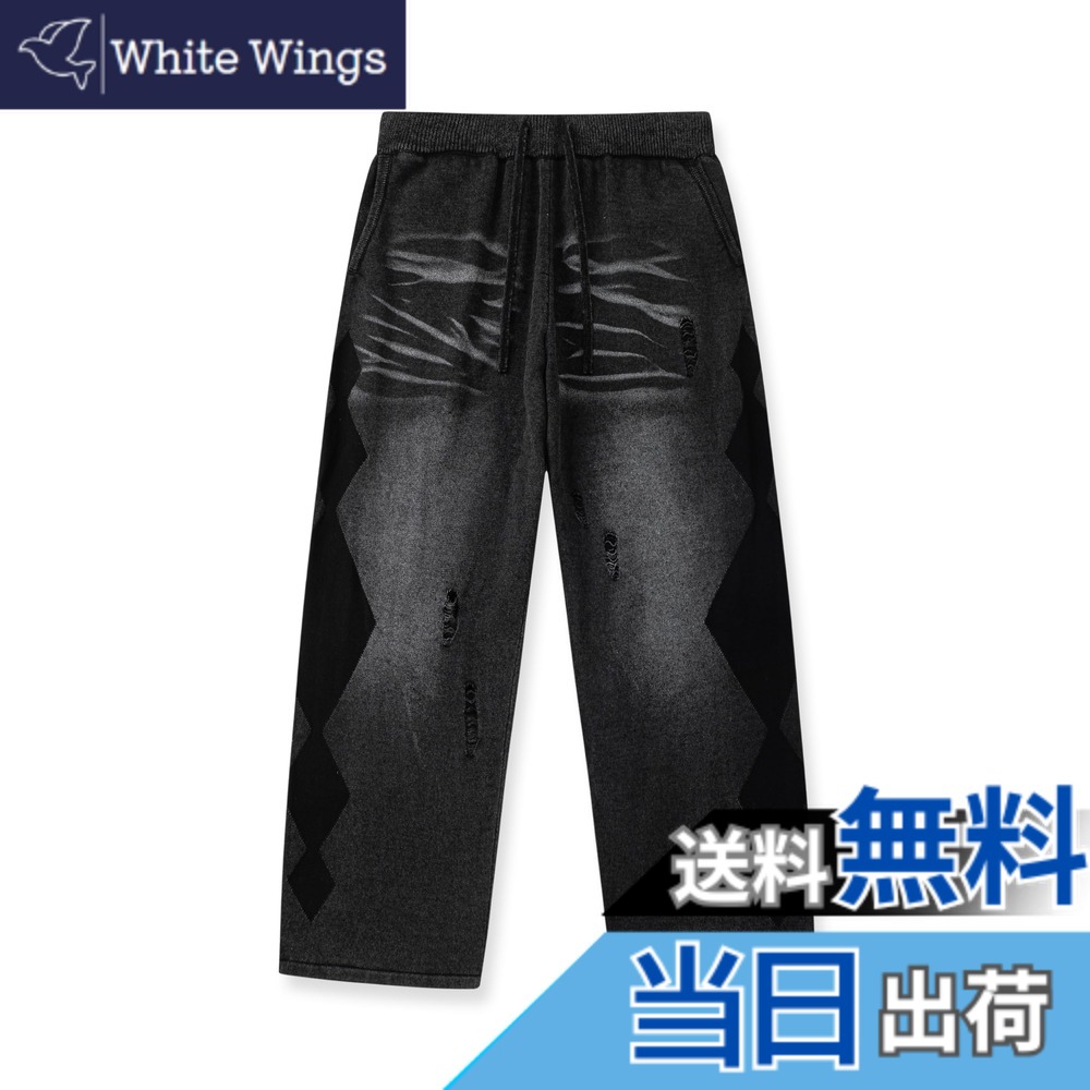【送料無料】[CHANGE WELL] メンズ 2025AW ストリート オーバーサイズ 秋冬服 ヴィンテージ風 【ヒゲ x ダメージ x ジオメトリック柄 x 洗い加工】 厚手 デニムライク加工 ニット ワイドパンツ 色：ブラック、サイズ：M