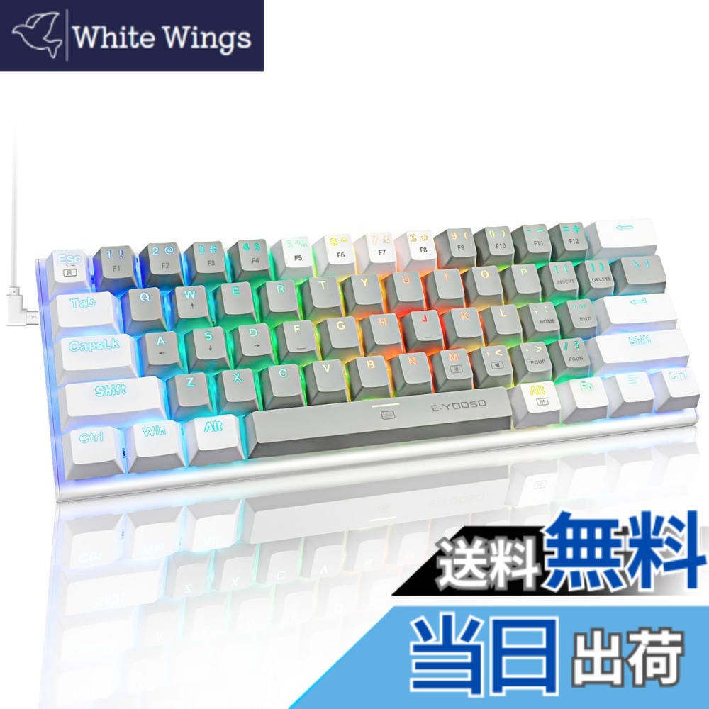 【送料無料】e元素ゲーミングキーボード 青軸・赤軸を採用 テンキーレスUS英語配列 有線61キー メカニカルキースイッチ RGB発光LEDバックライト 60％小型コンパクト設計 Windows/Macに対応のゲーム/オフィス用キーボード 色：グレー+ホワイト（白軸）