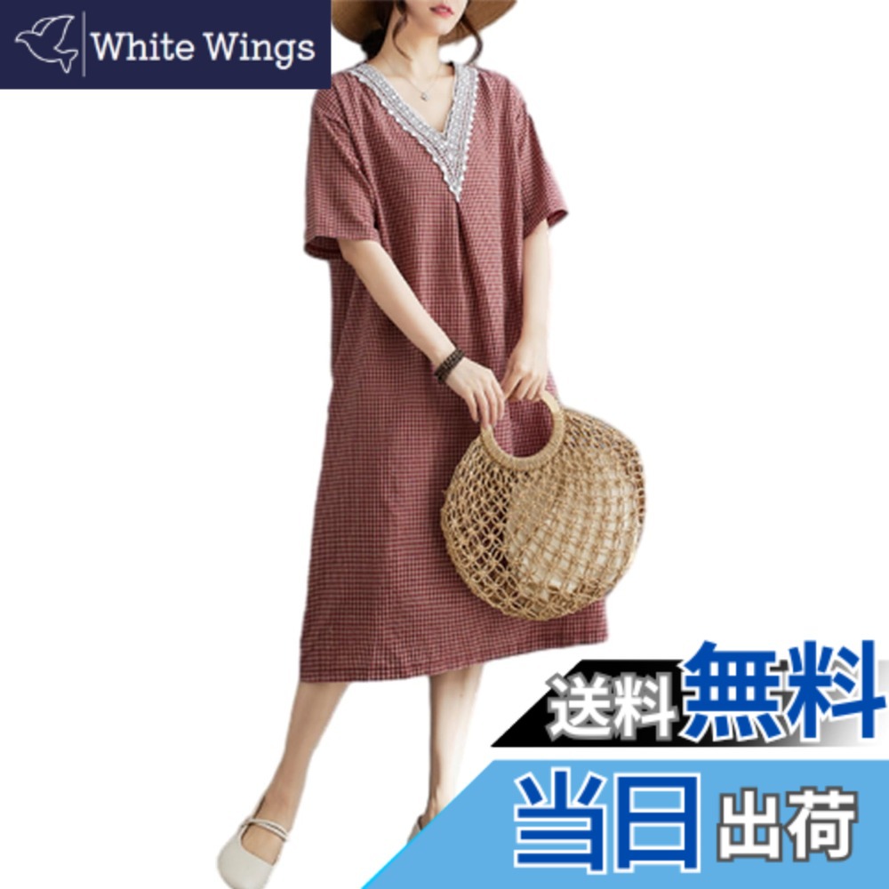 【送料無料】[RoyzTocz] レディース ロングワンピース 半袖 ドレス vネック レース切り替え 綿麻 シャツ ワンピース レトロ チェック柄 ワンピース Aライン カジュアル ファッション 薄手 きれいめ マキシ丈 体型カバー 着痩せ 普段着 通勤 春夏 色：レッド、サイズ：XL