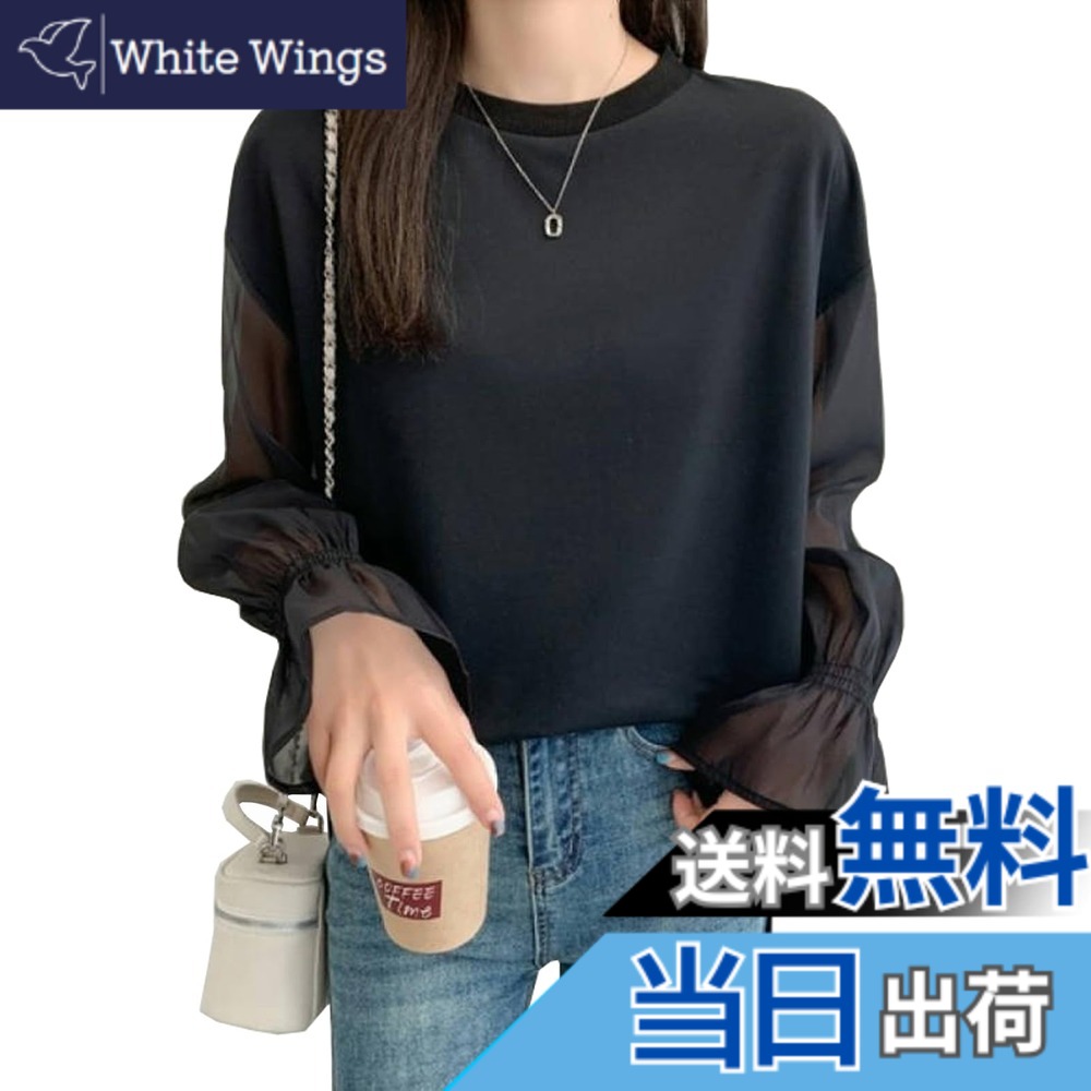 【送料無料】[CoeFodMavo] ブラウス レディース 長袖 シャツ トップス シフォン切り替え tシャツ スリット 丸首 無地 薄手 透け感 フレア袖 ゆったり 大きいサイズ シンプル おしゃれ カジュアル 体型カバー 着痩せ 通勤 日常 旅行 春 色：ブラック、サイズ：Free Size