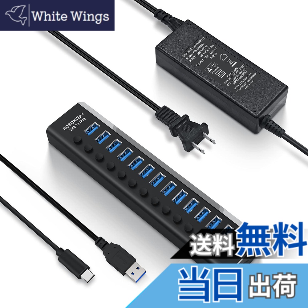 【送料無料】ROSONWAY USB ハブ 3.1 Gen2 10Gbps 13ポートアルミ製 72W USB HUB セルフパワー USBケーブルとType Cケーブル 付き 12V/6A ACアダプタ 独立スイッチ 付き(RSH-A13)|White Wings