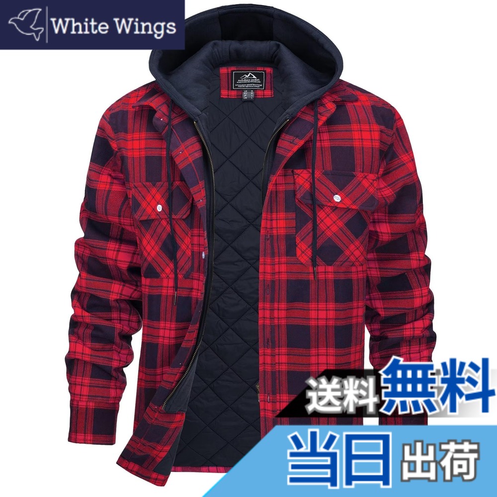 【送料無料】[KEFITEVD] ネルシャツ メンズ 厚手 ジップアップジャケット 防寒服 フード付き ジャケット 冬 アウター アメカジ パーカー チャックシャツ 長袖 ポケット付き コットン 通勤着 レッド XL｜White Wings