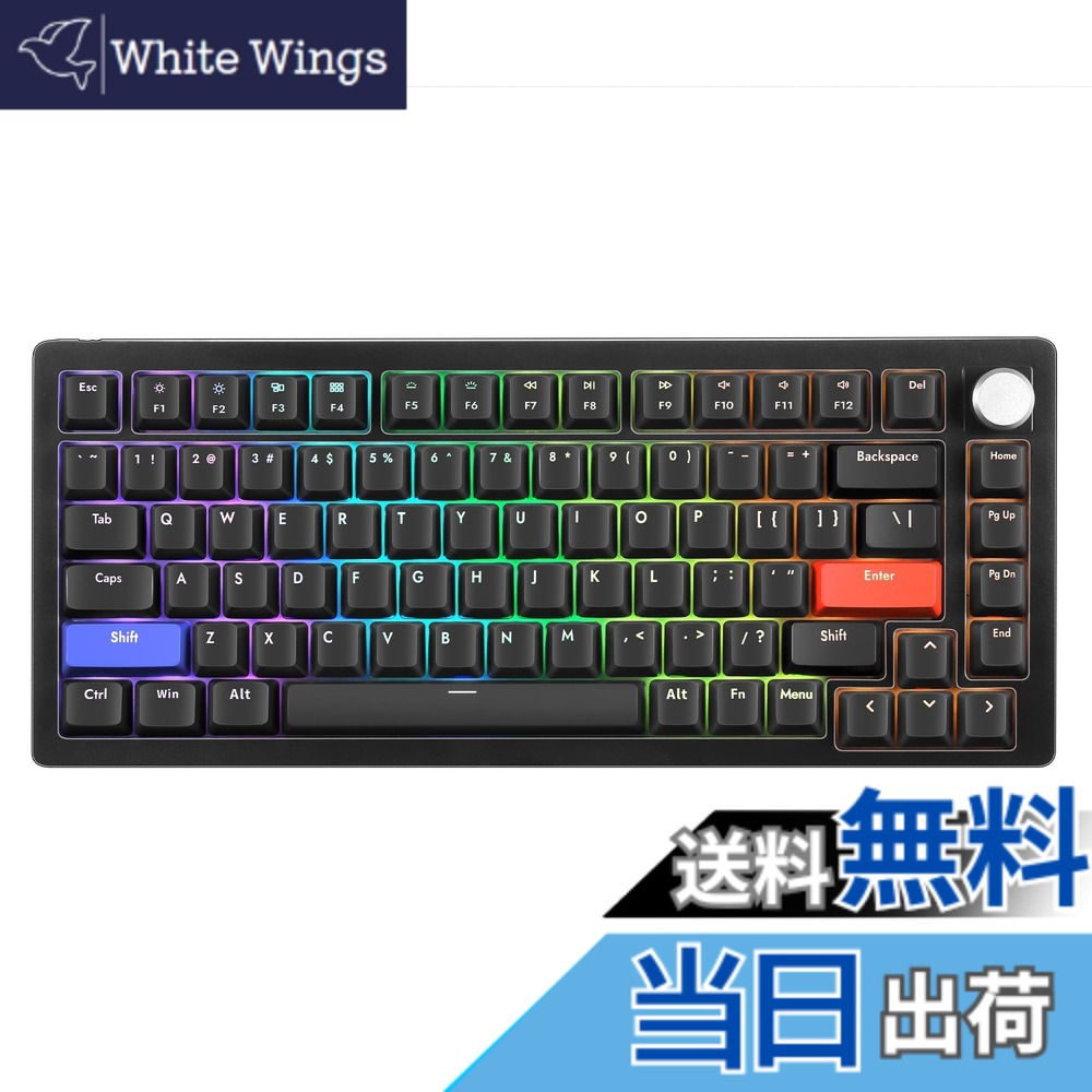 【送料無料】DrunkDeer A75 ラピッドトリガー キーボード メカニカル TKL 磁気スイッチRGB 有線 USB コンパクトゲーミング用 82キー ノブ付き ゴースト防止 こぼれ防止 ブラック｜White Wings
