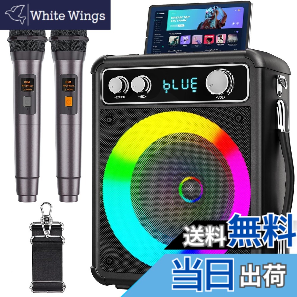 【送料無料】VOSOCO カラオケセット ワイヤレスマイク2本 スピーカーセット 家庭用 カラオケマイク 拡声器 Bluetooth 5.0 PAセット 小型 カラオケマシン ポータブルスピーカー AUX/USB/TF対応 ホームパーティー/会議/スピーチ/学校行事/セミナー/室外活動 などに適用 日|White Wings