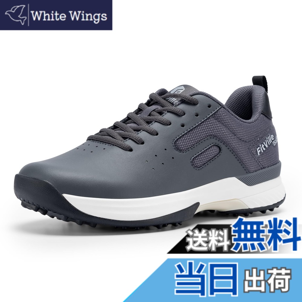 【送料無料】[FitVille] ゴルフシューズ メンズ 幅広 スパイク プロゴルフ 靴 男性用 ゴルフトレーニング スニーカー ビジネス運動 軽量 撥水 色：グレー、サイズ：32.0 cm 4E｜White Wings 7,769円