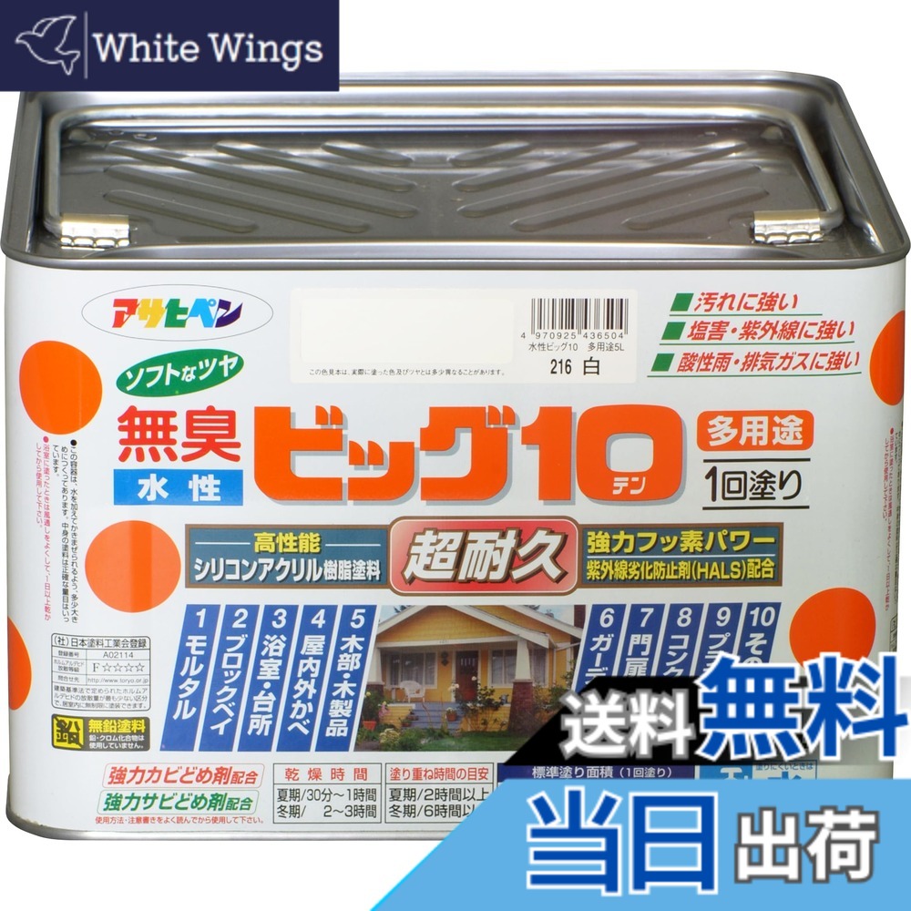 【貨物輸送無料】アサヒペン えの具 えの具 水溶性ビッグ10多役立つこと 5L 216白 水溶性 多役立つこと 半ツヤ ホンブルグ帽なツヤ 1回ペンキ塗り 超耐久 無臭 風変わりフッ素脂組みあわせる 防菌類 サビドメ剤組みあわせる 紫外線落ち込み押しとどめる剤組みあわせる シックハウス打つ手品 日本製 色：白、大きさ：5L