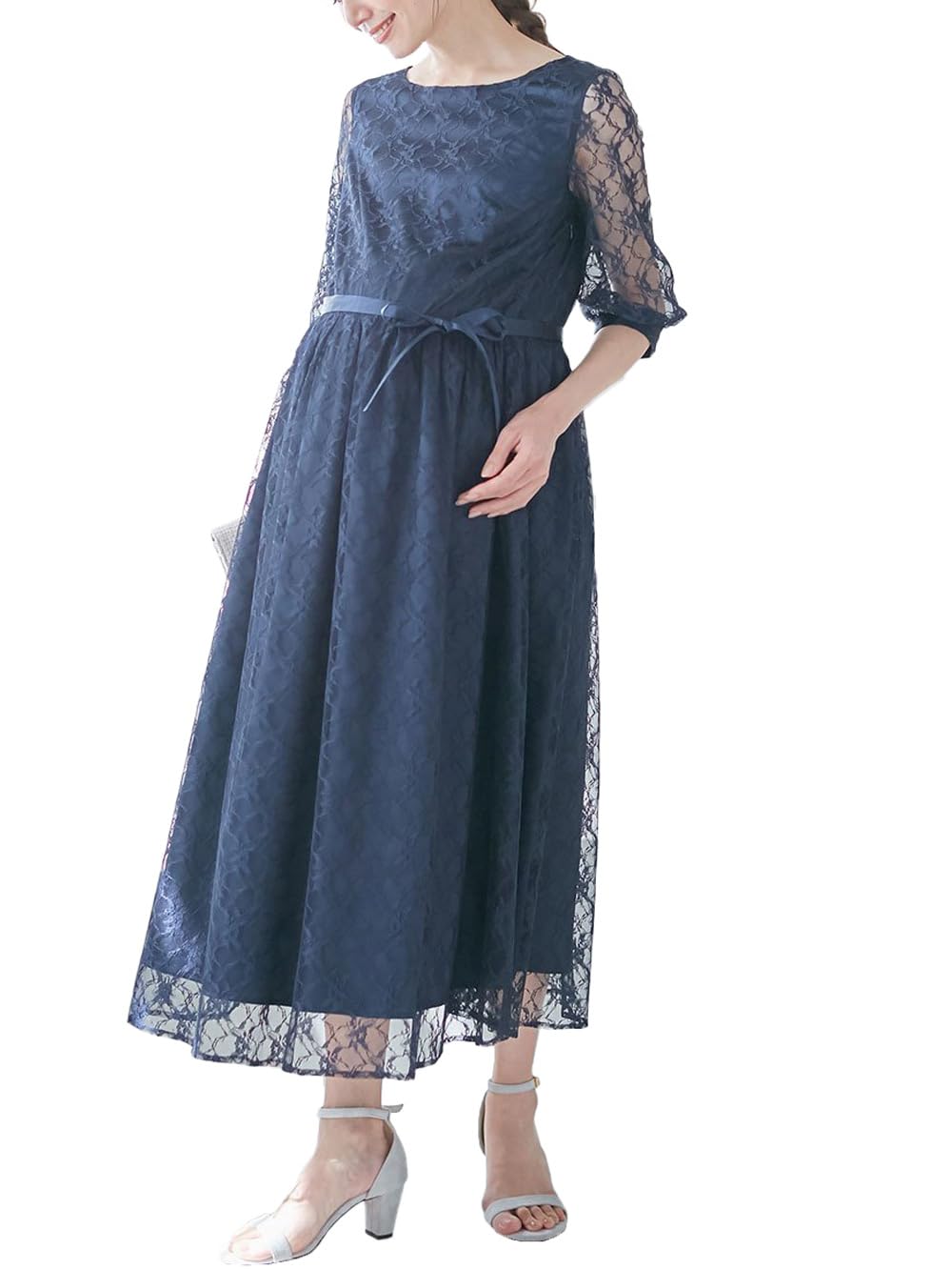 【送料無料】[ANGELIEBE エンジェリーベ] マタニティ ワンピース 授乳服 総レース ロング ワンピ サテンリボンベルト付 産前 産後 フォーマル 29290 色：ネイビー/ネイビー、サイズ：S-M｜White Wings