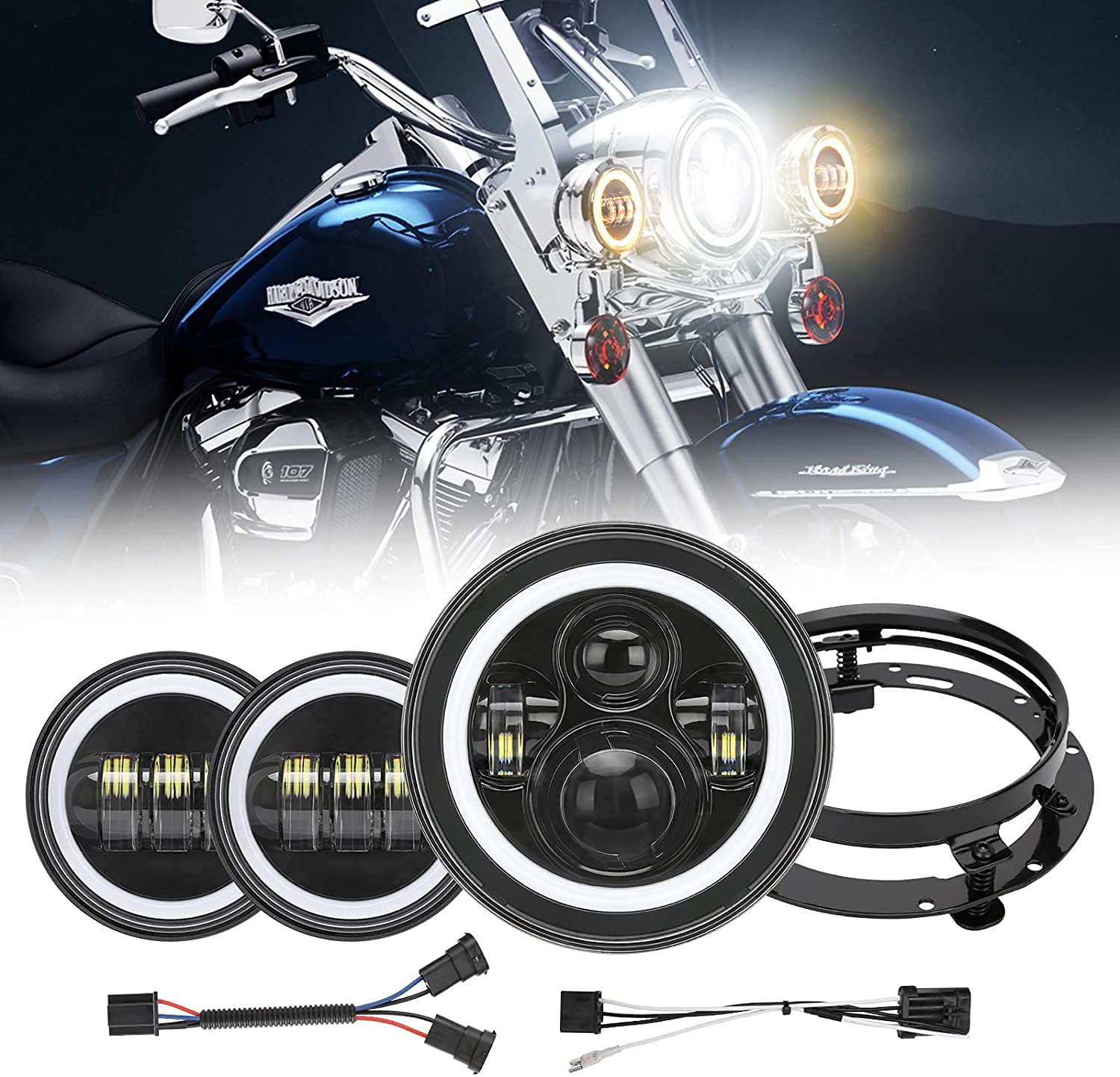 【送料無料】7インチ led ヘッドライトリング付き ハーレーダビッドソン用 4.5インチフォグランプ Hi/Lo切替型 LED補助灯 ヘッドランプキット 7インチステーブラケット付き ブラック 色:ブラック、サイズ:リング付き|White Wings