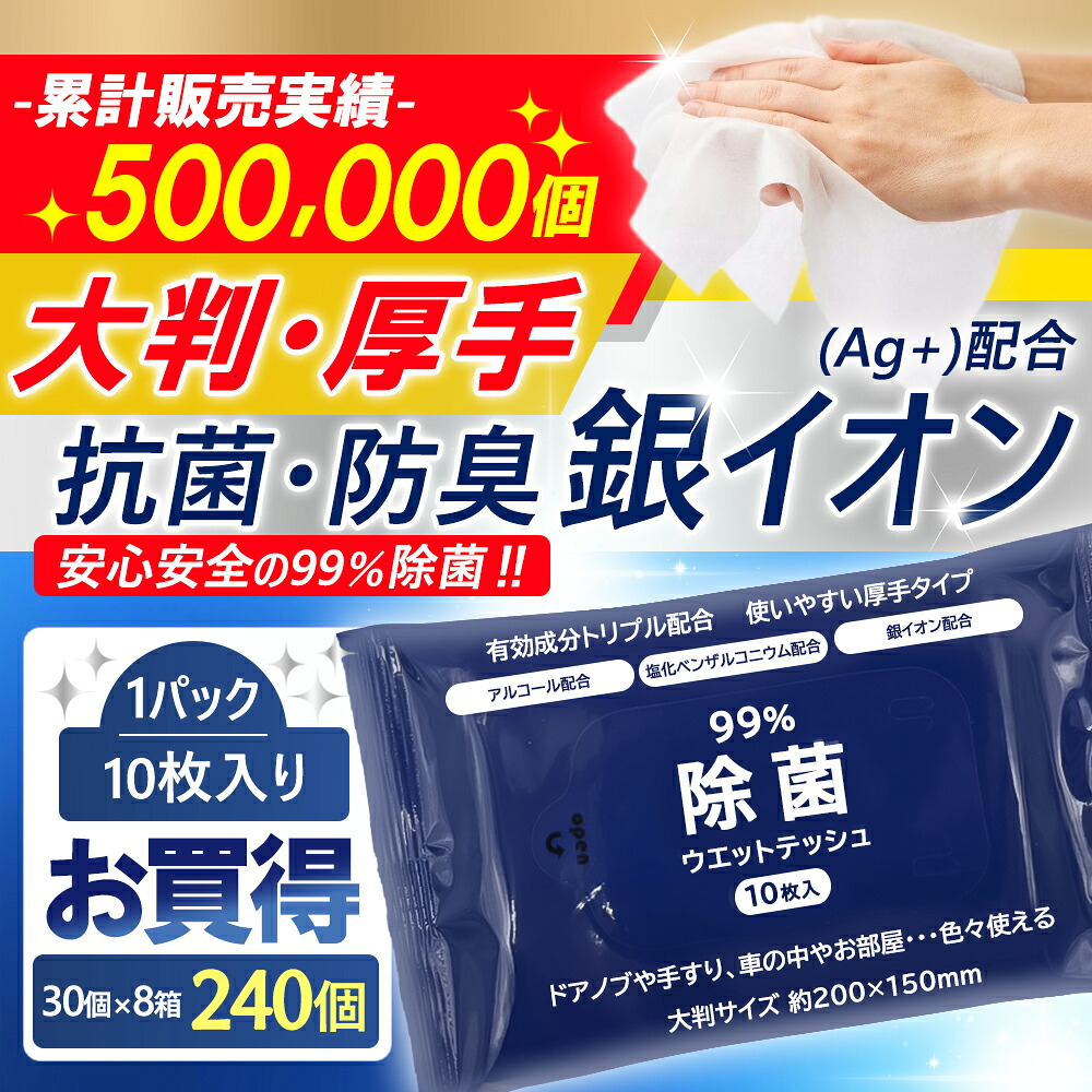 除菌シート 携帯用 10枚入×240個（30個×8箱）1ケース 銀イオン配合(Ag+) 99%除菌 ウィルス対策 高濃度アルコール配合 除菌ティッシュ アルコールシート ウェットティッシュ 業務用 景品 ノベルティ 粗品