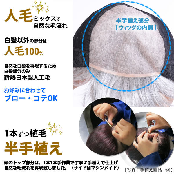 ウィッグ 白髪 しらが 男性用 メンズ 医療用ウィッグ かつら 送料無料 フルウィッグ グレーヘアーオールウィッグ 半手植え 人気 人毛 人毛ミックス Hm0set Salon Raquet De