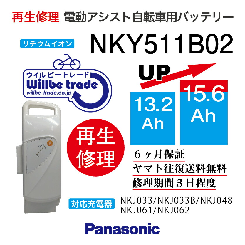 人気沸騰】 即納 PANASONIC パナソニック 電動自転車バッテリー NKY511B02 13.2→15.6Ah 電池交換 往復送料無料  6か月保証 無料ケース洗浄 whitesforracialequity.org