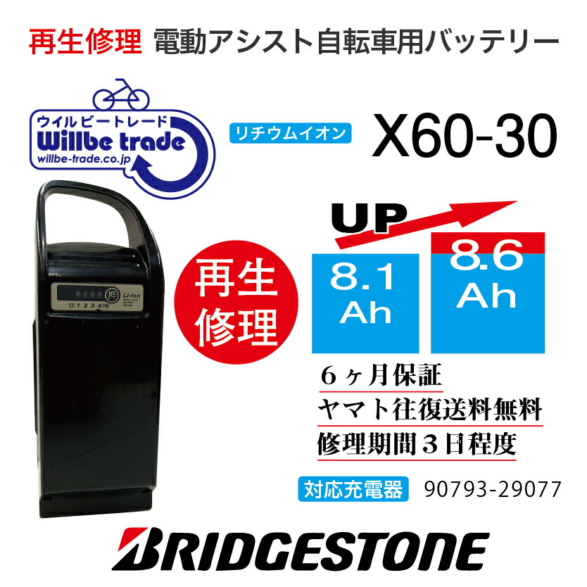 【楽天市場】【即納・BRIDGESTONE ブリヂストン電動自転車バッテリー X60-22  (8.1→10.4Ah)電池交換・往復送料無料・6ヶ月間保証付・ケース洗浄無料サービス】 : 電動自転車バッテリー再生・修理店