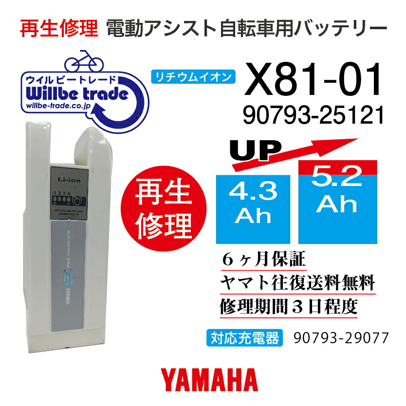 【即納・BRIDGESTONE ブリヂストン電動自転車バッテリー X81-1) (4.3→5.2Ah)電池交換・往復送料無料・6ヶ月間保証付・ケース洗浄無料サービス】|電動自転車バッテリー再生・修理店