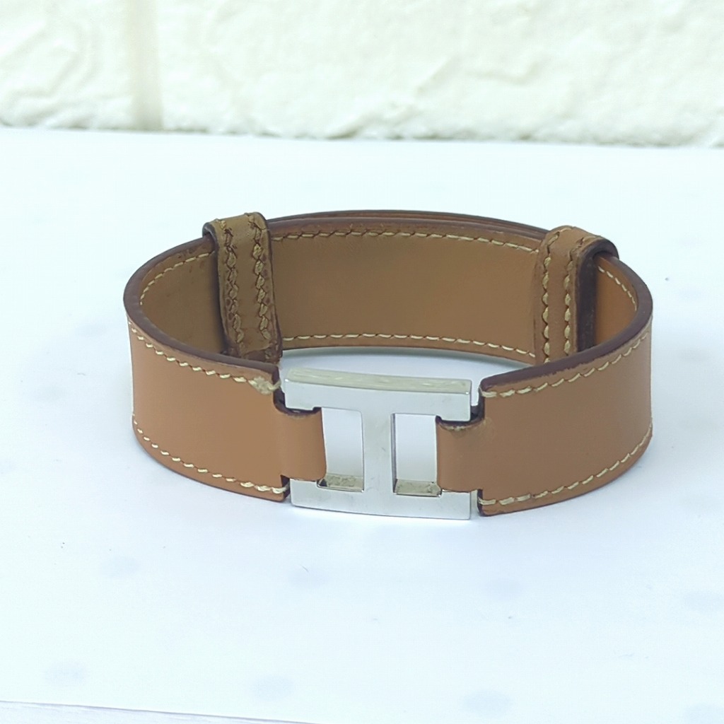 HERMES エルメス レザー ブレスレット Hロゴ 金具 刻印有 アクセサリー レディース【中古】Cランク　ギフト　プレゼント