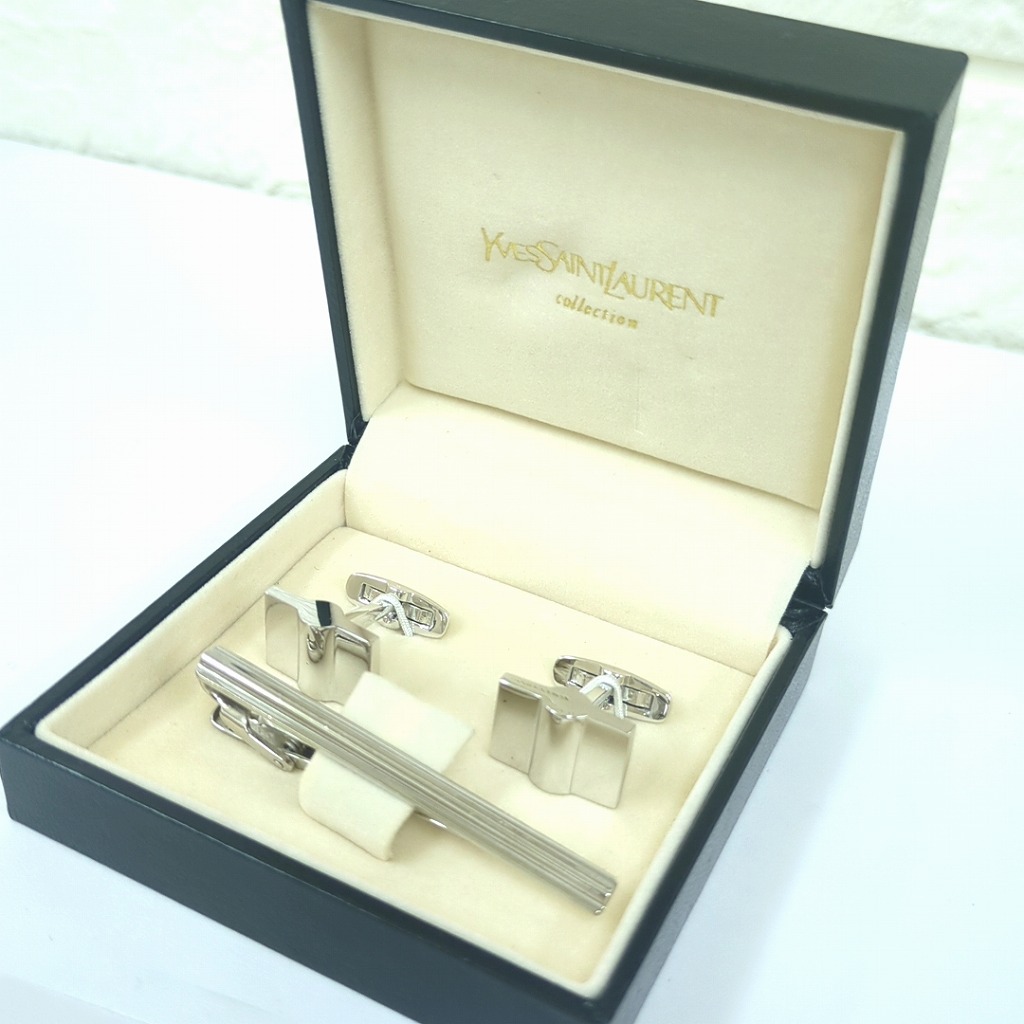 YSL イヴサンローラン カフリンクス ネクタイピン セット シルバーカラー アクセサリー メンズ【中古】Cランク　ギフト　プレゼント