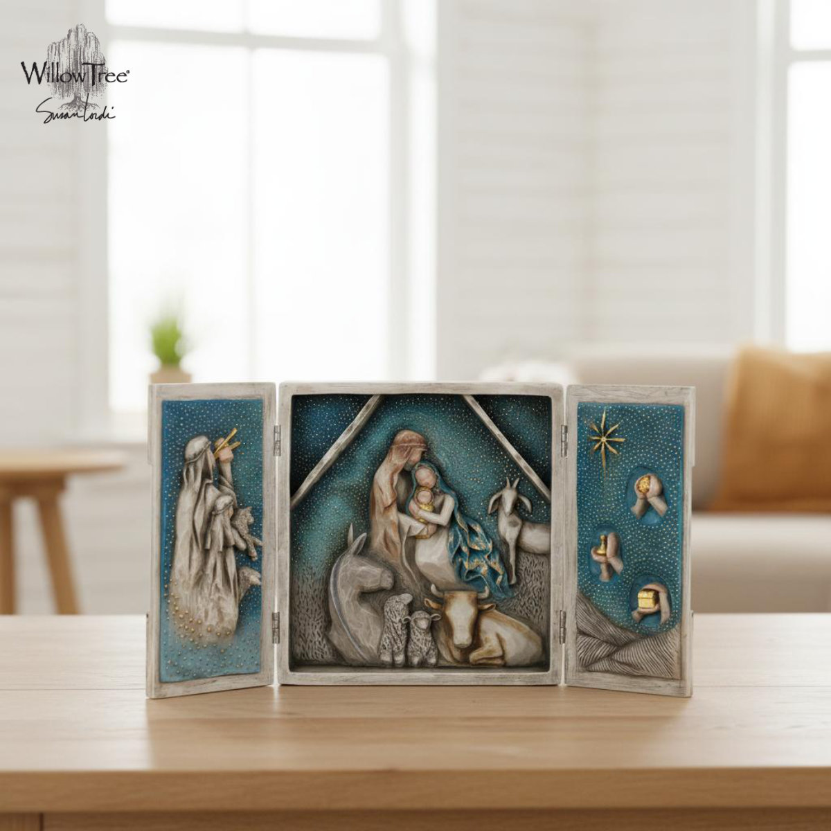 ウィローツリー Starry Night Nativity - 星ともし火の夜 幅20x奥ふかさ5.8x22(珊) 開けはなし時幅40珊 | 神のことば 生まれ落ちる書き割り 厩舎書き割り ナティビティ プレゼピオ 飾りつけ 刻みつける あやつり人形 室内装飾 スーザン･ローディ 定め事