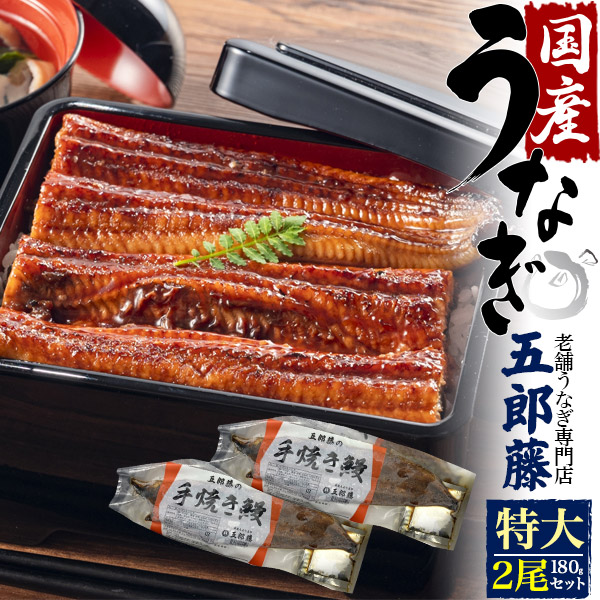 送料無料 国産 うなぎ蒲焼き 特大サイズ 2尾セット 180g 2 老舗うなぎ専門店 五郎藤 自家製タレ たれ付き 山椒付き ウナギ 鰻 土用の丑 箱入り 贈り物 ギフト お取り寄せ 贈答用 プレゼント お祝い 内祝い のし対応 熨斗対応 うな丼 ひつまぶし 鰻巻き 調理済み 冷凍便