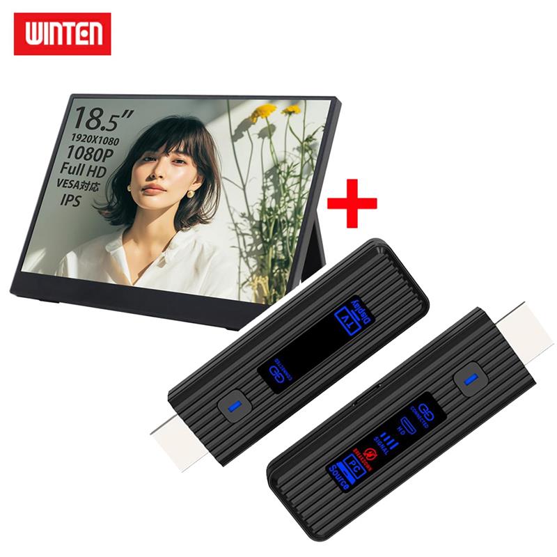 【セット商品】モバイルモニター 18.5インチ(1920*1080 フルHD)+ワイヤレスHDMI ディスプレイアダプタ(日本技適認証取得) セット ディスプレイ 外付けモニター 軽量 薄型 ノングレア IPSパネル 内蔵スタンド カバー付 スピーカー内蔵 WTMWSET-185LP-BK 6319_6279|WINTEN 店