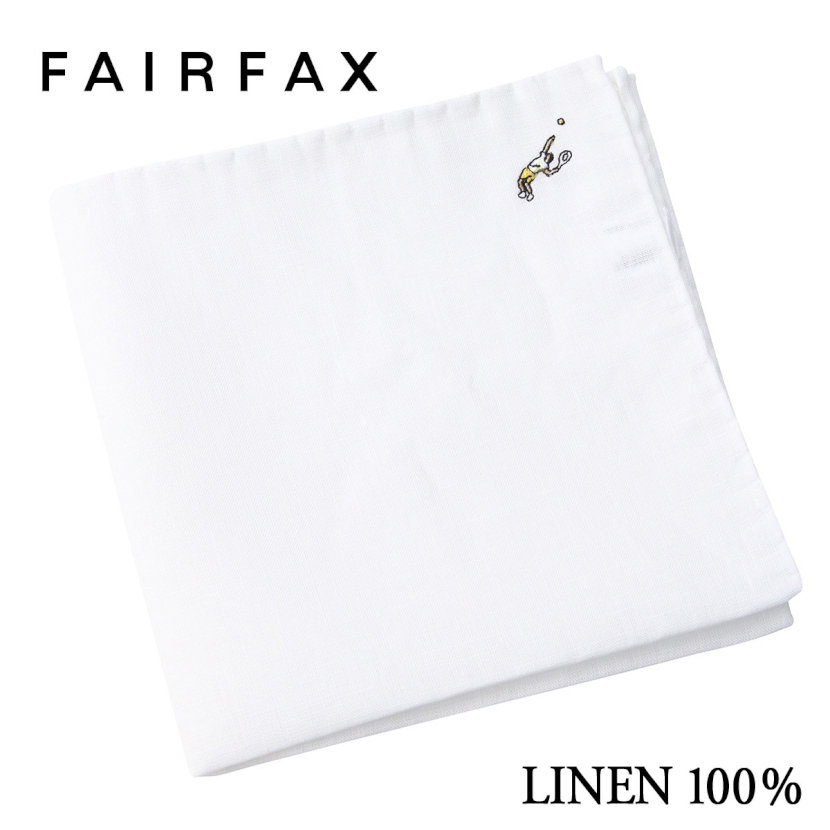 送料無料 フェアファクス Fairfax アスリートモチーフ ワンポイント刺繍 テニス ポケットチーフ 麻 白無地 日本製 リネン100 父の日 結婚式 ブランド ホワイト おしゃれ おすすめ プレゼント メンズ 男性 ギフト 高級 結婚式 国産 Made In Japan ハンドメイド 限定商品