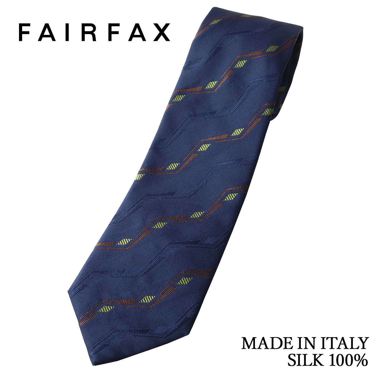 フェアファクス FAIRFAX ネクタイ イタリア製 ストライプ 更紗模様 ジオメトリック柄 ネイビー シルク100% ハンドメイド メンズ｜ドレスシャツSHOPウィンザーノット