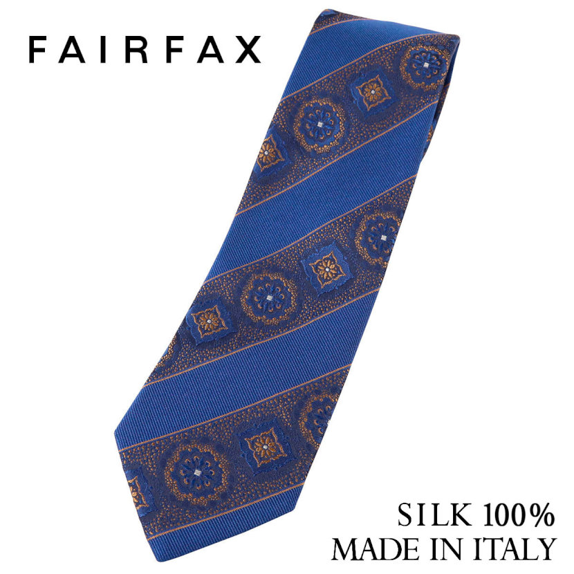 【アウトレット】フェアファクス FAIRFAX ネクタイ イタリア製 メダリオン&ストライプ ブルー×イエロー シルク100% ハンドメイド メンズ|ドレスシャツSHOPウィンザーノット