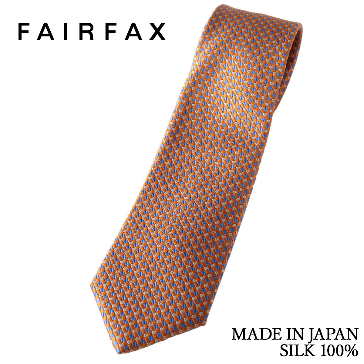 フェアファクス FAIRFAX ネクタイ マイクロ柄 小紋 オレンジ×スカイブルー シルク100% 日本製 ハンドメイド メンズ 父の日