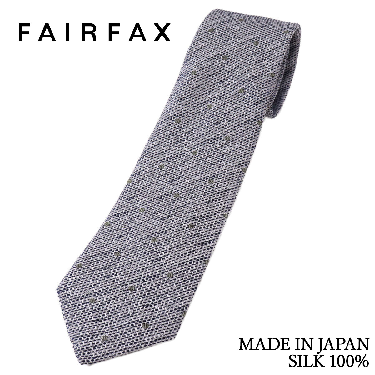 フェアファクス FAIRFAX ネクタイ ドット 変形バスケット織 淡いネイビー 白経生地 シルク100% 日本製 ハンドメイド メンズ