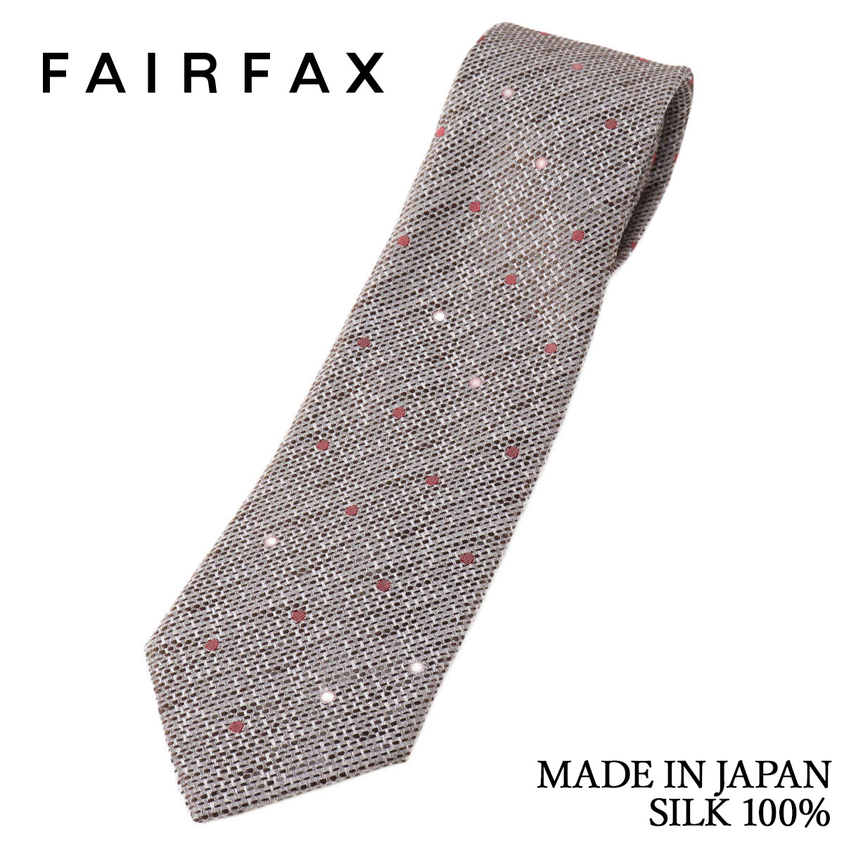フェアファクス FAIRFAX ネクタイ ドット 変形バスケット織 淡いブラウン 白経生地 シルク100% 日本製 ハンドメイド メンズ