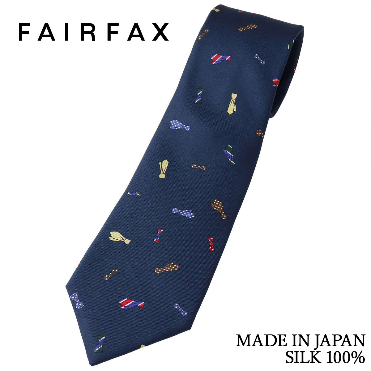 フェアファクス FAIRFAX ネクタイ 創業50周年記念 ネクタイモチーフのプリント ダスティネイビー シルク100% 日本製 ハンドメイド メンズ