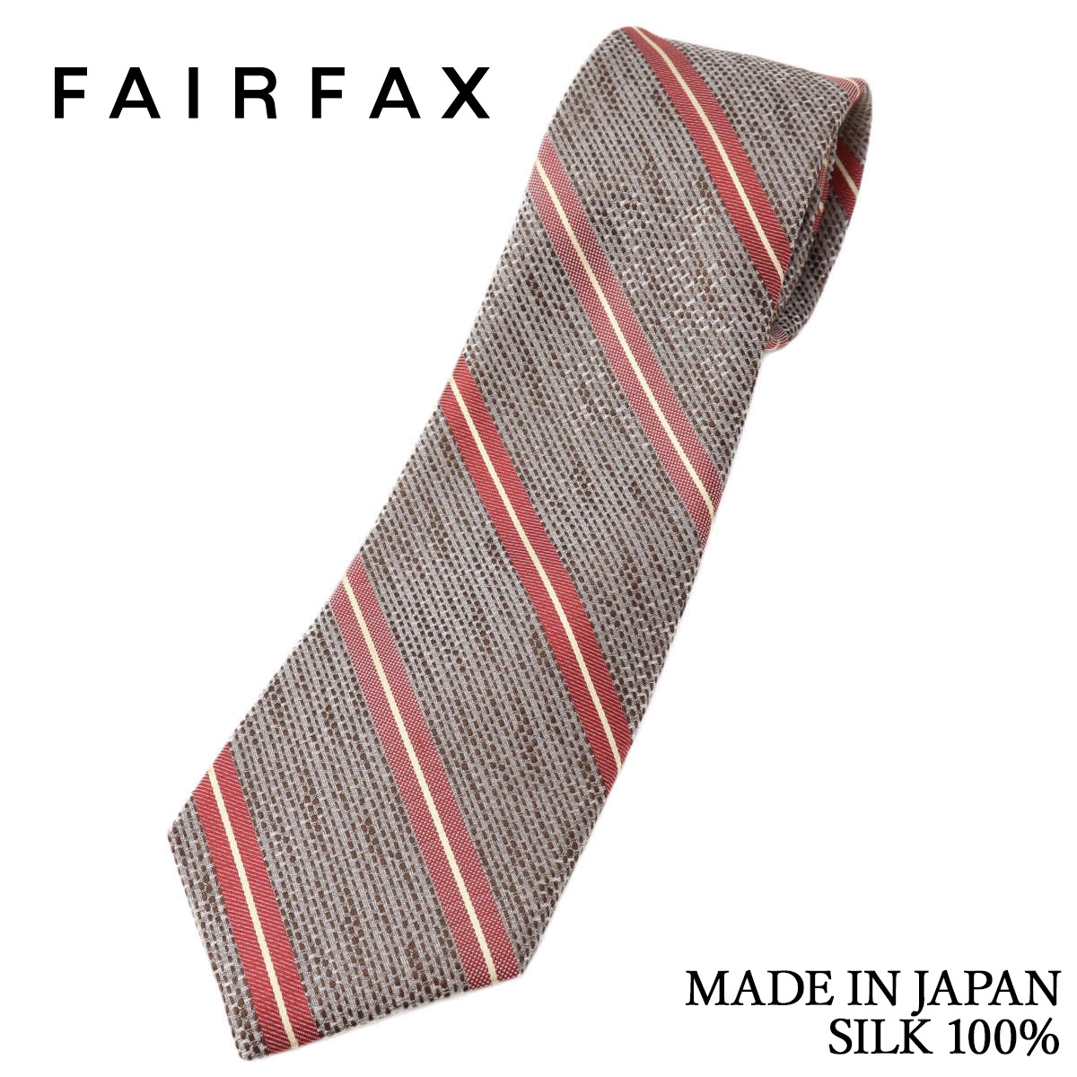 フェアファクス FAIRFAX ネクタイ ストライプ 変形バスケット織 淡いブラウン 白経生地 シルク100% 日本製 ハンドメイド メンズ