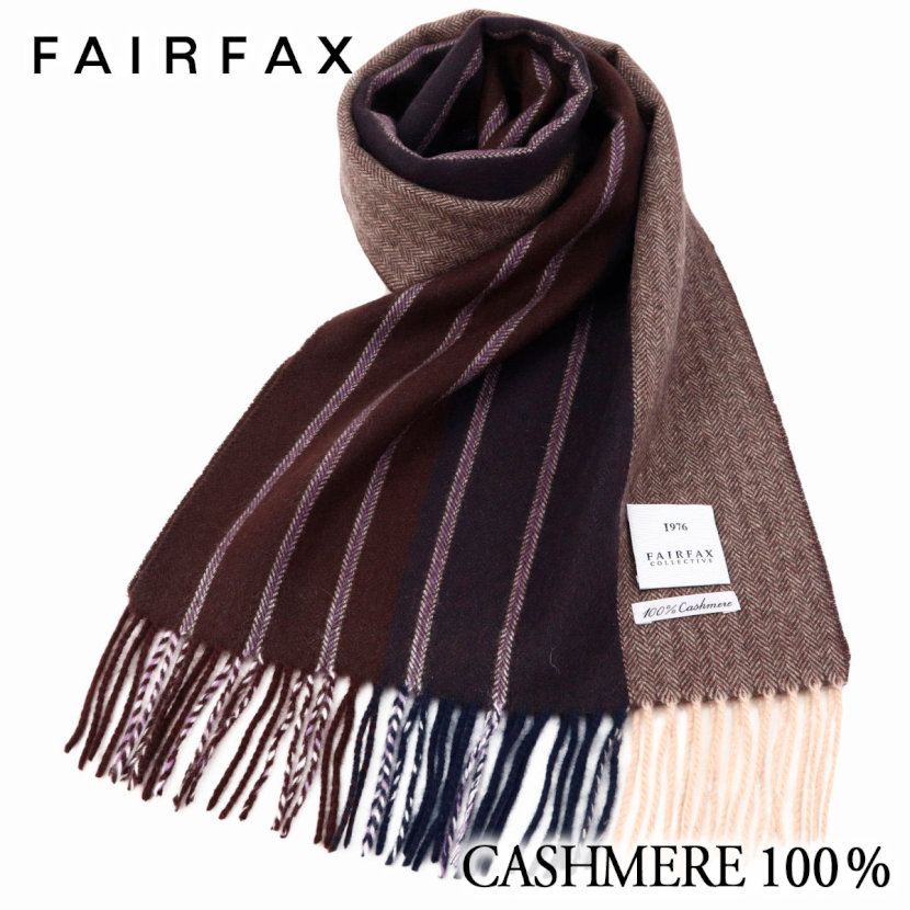 贅沢屋の Fairfax カシミヤマフラー ワインレッド グレー ストライプ