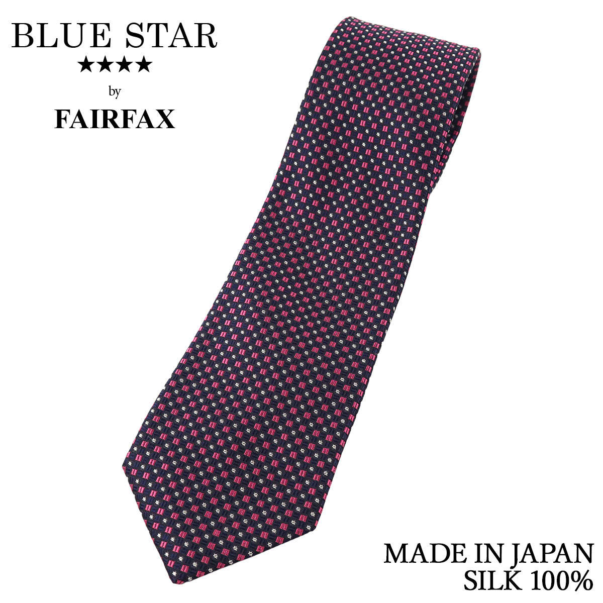 フェアファクス FAIRFAX ネクタイ マイクロ小紋柄 ネイビー×ピンク バスケット織 シルク100% 日本製 ハンドメイド メンズ 父の日