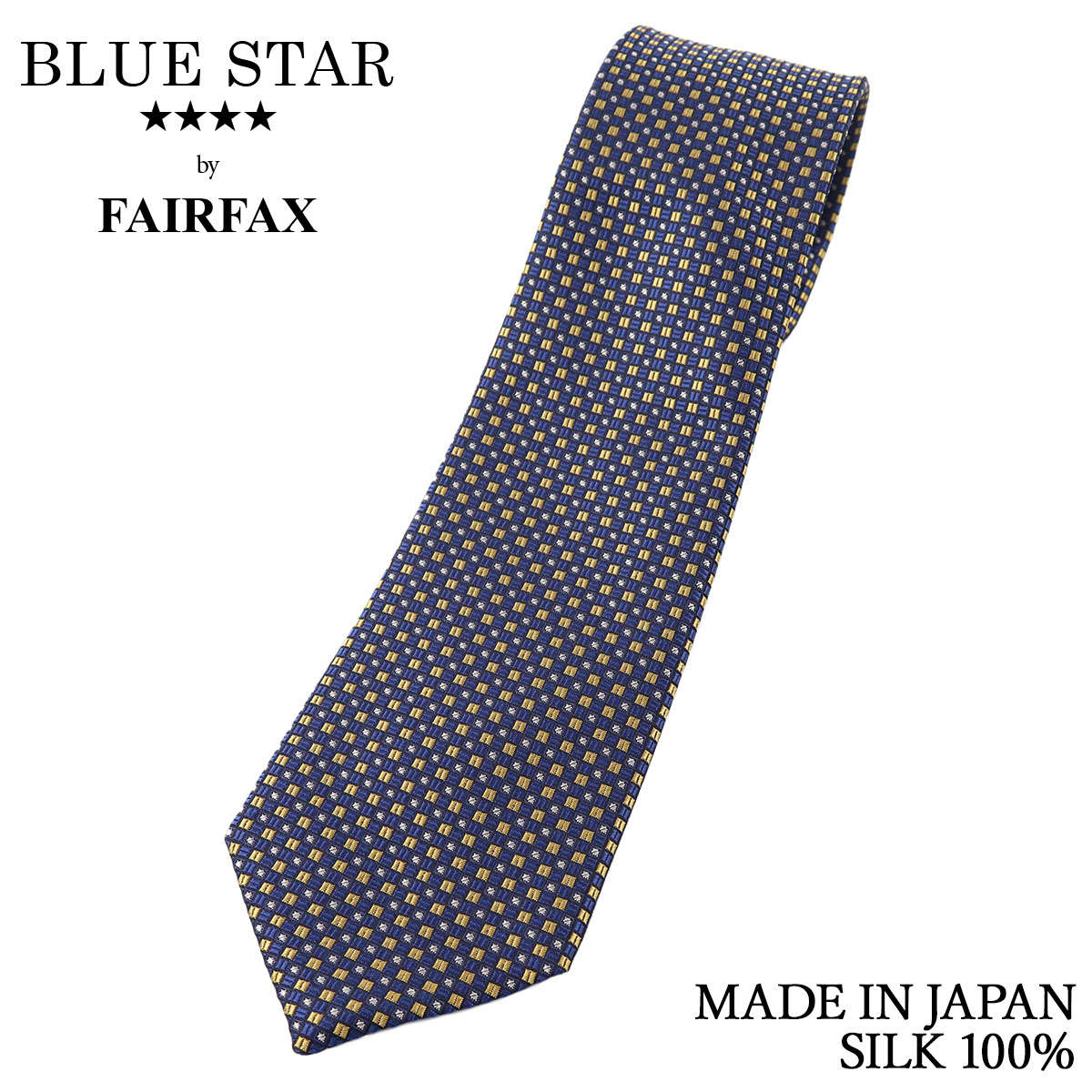 フェアファクス FAIRFAX ネクタイ マイクロ小紋柄 ブルー×イエロー バスケット織 シルク100% 日本製 ハンドメイド メンズ 父の日
